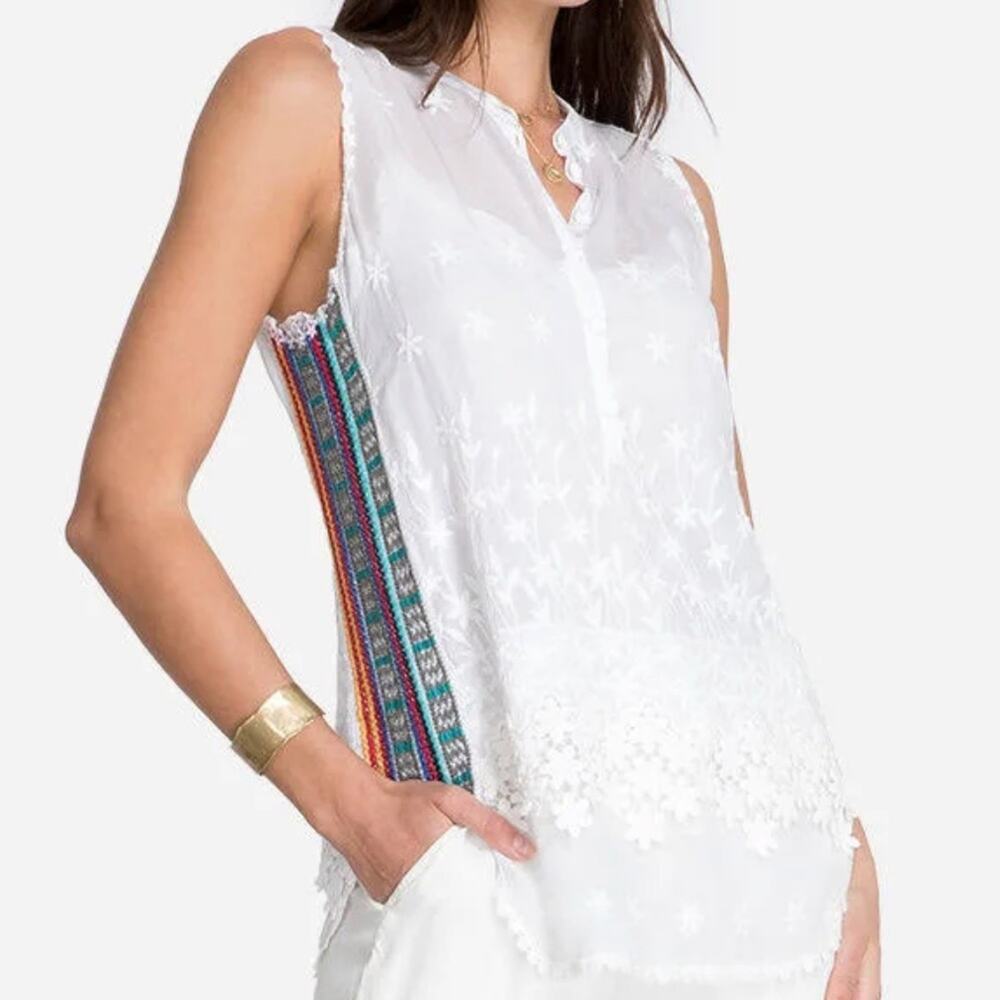 Johnny Was Malin Tank In White sz L crochet side embroidered laces panel